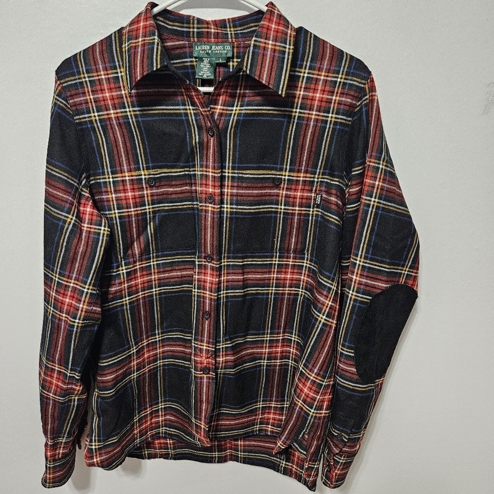Vtg Lauren Jeans Co Wool Black Red Tartan Plaid Shirt Leather Elbow Patch Large